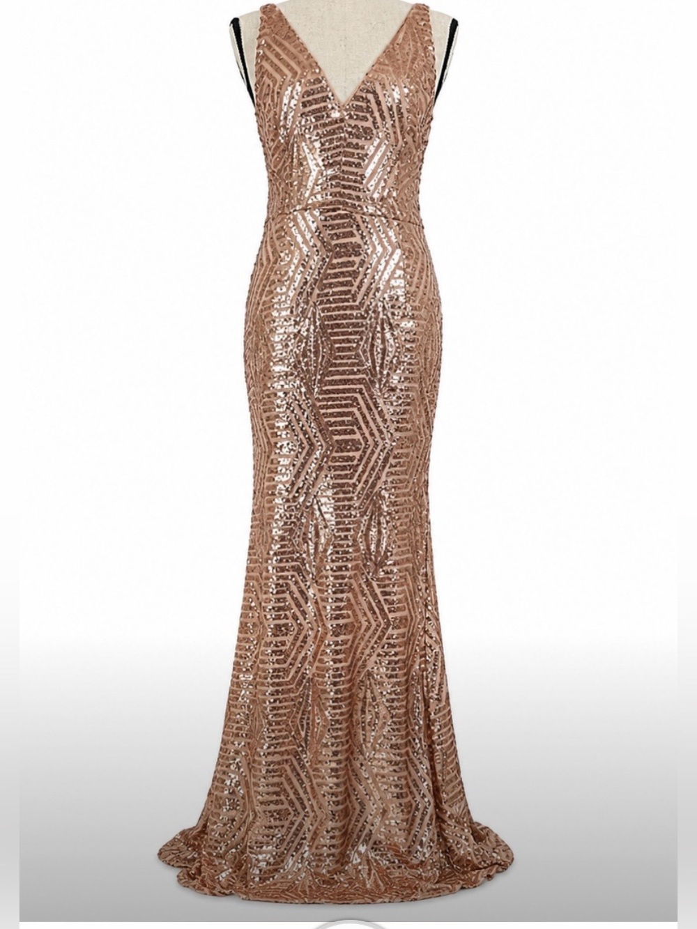 Lulus Rose Gold Sequin Mermaid Formal Gown XL Geometric V Neck Maxi Dress